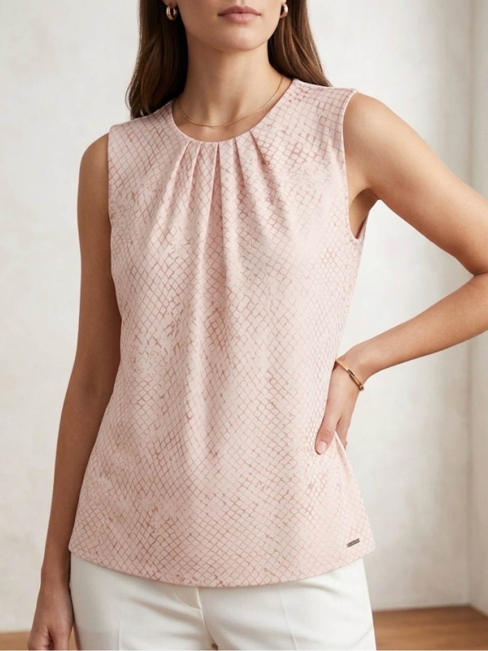 Calvin Klein Blush Pink Pleated Neck Sleeveless Top